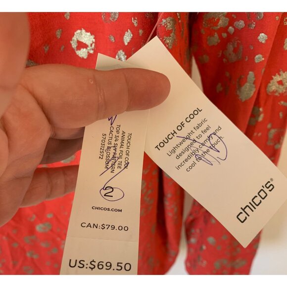 CHICO'S Orange + Gold Touch of Cool Foiled Animal Print Knit Tee NWOT Size Large - Picture 4 of 8